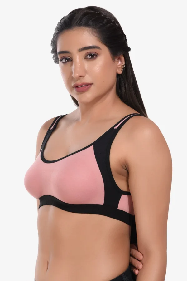 Supportz Non-Padded Non-Wired Full Cup Sports Bra in Pink Black- Cotton Rich - Image 2