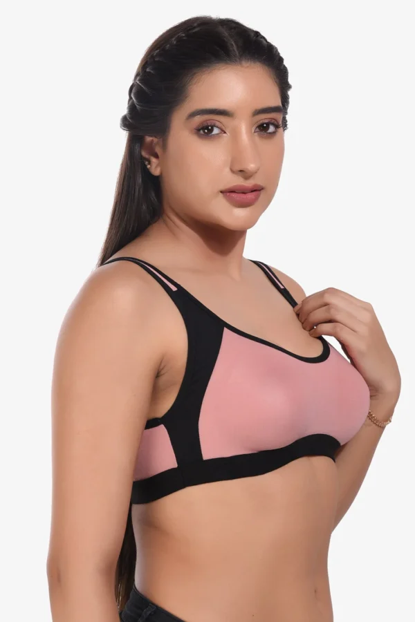 Supportz Non-Padded Non-Wired Full Cup Sports Bra in Pink Black- Cotton Rich - Image 3