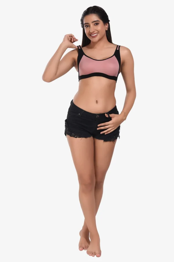 Supportz Non-Padded Non-Wired Full Cup Sports Bra in Pink Black- Cotton Rich - Image 5