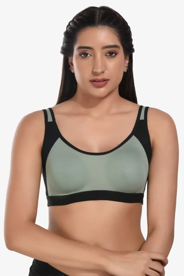 Supportz Non-Padded Non-Wired Full Cup Sports Bra in Green Black- Cotton Rich