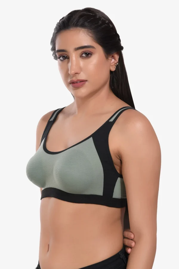 Supportz Non-Padded Non-Wired Full Cup Sports Bra in Green Black- Cotton Rich - Image 2