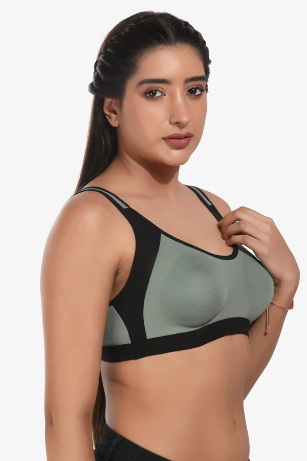 Supportz Non-Padded Non-Wired Full Cup Sports Bra in Green Black- Cotton Rich - Image 3