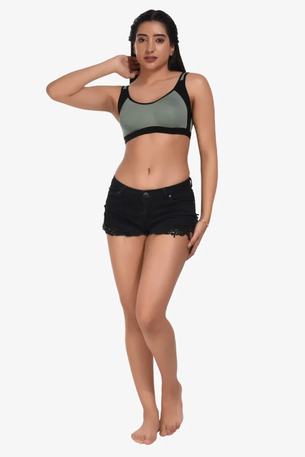 Supportz Non-Padded Non-Wired Full Cup Sports Bra in Green Black- Cotton Rich - Image 5