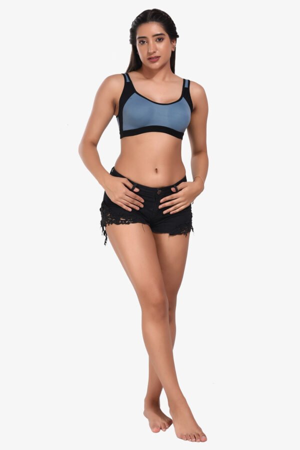 Supportz Non-Padded Non-Wired Full Cup Sports Bra in Blue Black- Cotton Rich - Image 6