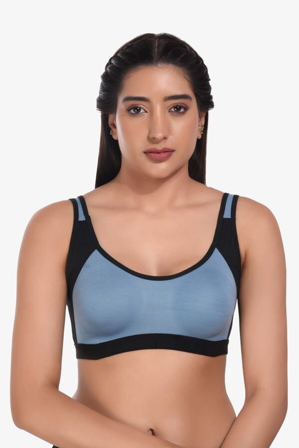 Supportz Non-Padded Non-Wired Full Cup Sports Bra in Blue Black- Cotton Rich - Image 4