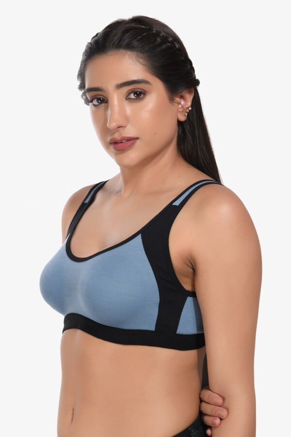 Supportz Non-Padded Non-Wired Full Cup Sports Bra in Blue Black- Cotton Rich - Image 3