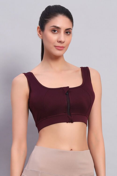 Wine Color Front Zipper Sports Bra