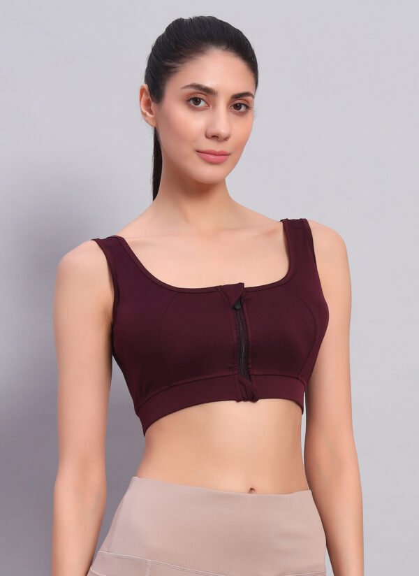 Wine Color Front Zipper Sports Bra