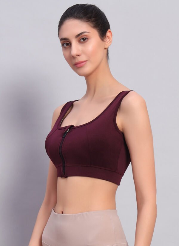 Wine Color Front Zipper Sports Bra - Image 3