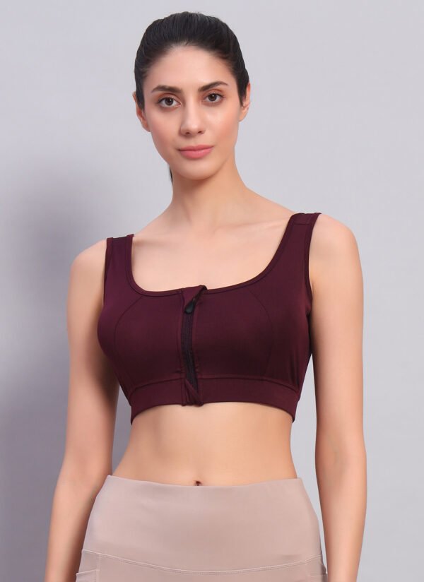 Wine Color Front Zipper Sports Bra - Image 4