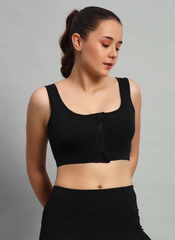 Black Color Front Zipper Sports Bra - Image 2