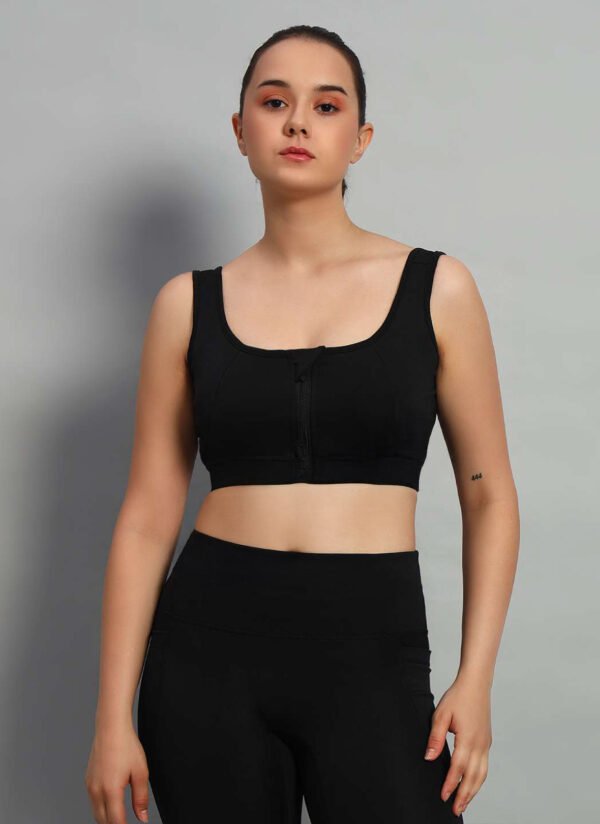 Black Color Front Zipper Sports Bra