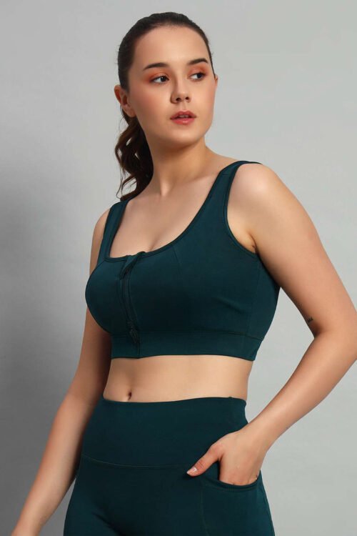 Bottle Green Front Zipper Sports Bra