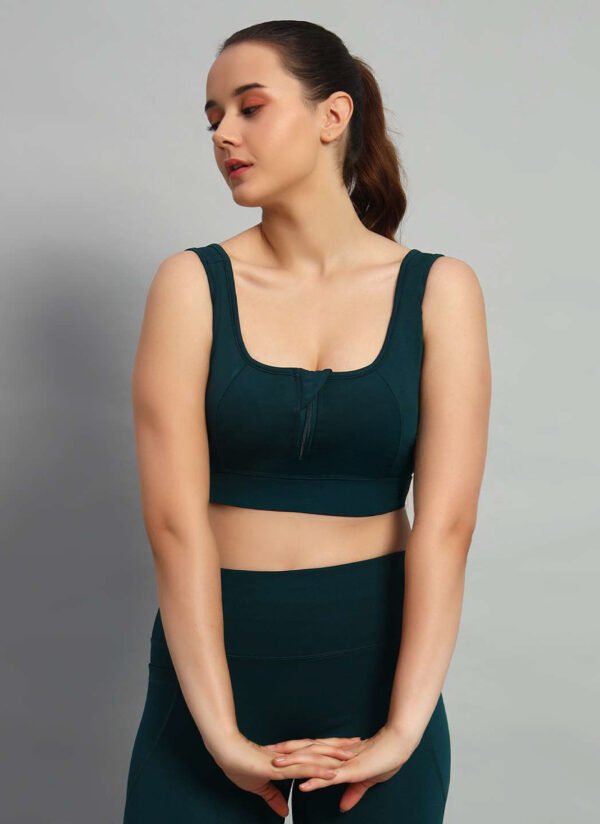 Bottle Green Front Zipper Sports Bra - Image 2