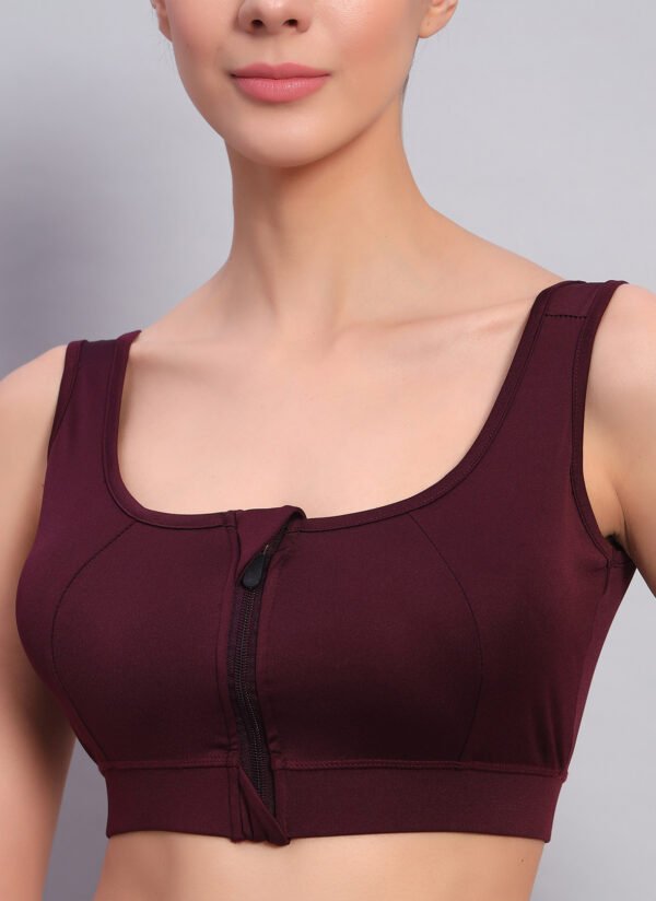 Wine Color Front Zipper Sports Bra - Image 2